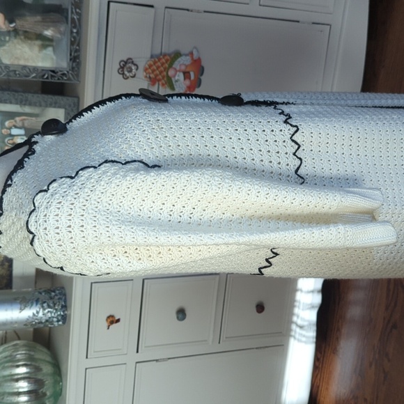 Y2K Cream Cardigan Knit Long Duster Bohemian Black Trim Funky Large Buttons Sz L - Picture 7 of 11